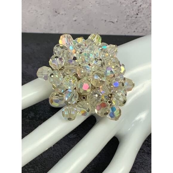 Aurora Borealis Crystal Beaded Brooch Super Charming Silver Tone Frame Vintage - Picture 5 of 9